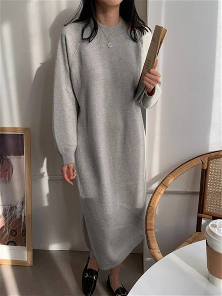 REALEFT Autumn Winter 2025 New O-Neck Casual Loose Knitted Dress Female Straight Long Sleeve Oversize Sweater Womens Long Dress
