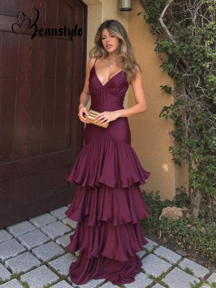 Sexy Solid Ruffles Sling Dress Women Sleeveless Backless Empire V-neck Long Party Dresses Female Spring Chic Lady A-line Robes