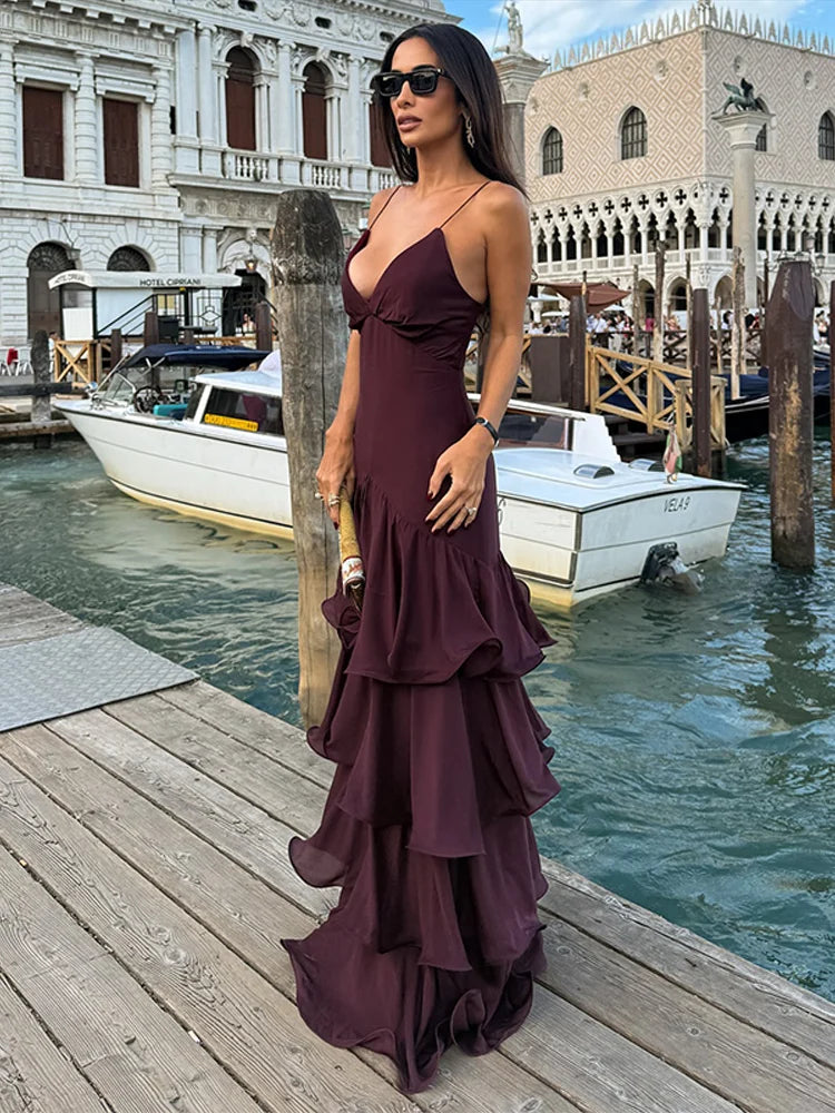 Sexy Solid Ruffles Sling Dress Women Sleeveless Backless Empire V-neck Long Party Dresses Female Spring Chic Lady A-line Robes