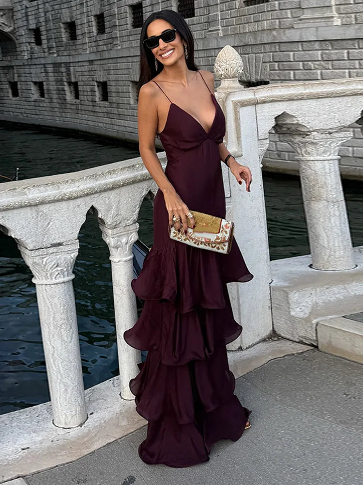 Sexy Solid Ruffles Sling Dress Women Sleeveless Backless Empire V-neck Long Party Dresses Female Spring Chic Lady A-line Robes