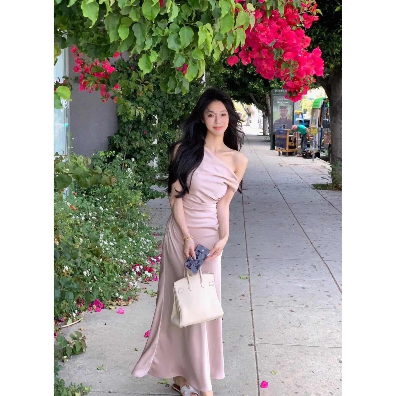 Elegant French Style Simple Large Dress Women's Lady Personality Oblique Shoulder Swing Collar Waist Inward Fish Tail Long Dress