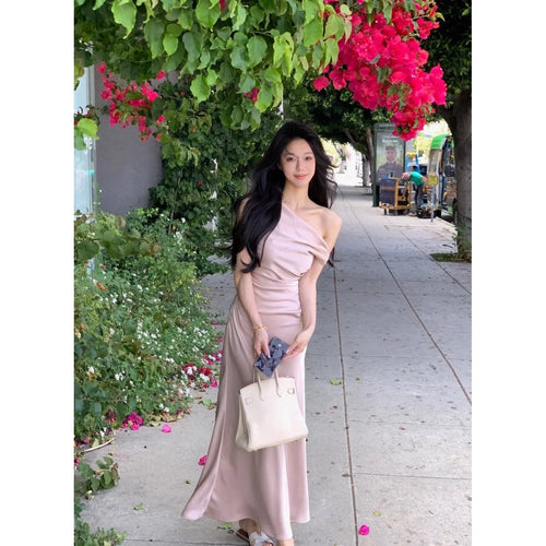 Elegant French Style Simple Large Dress Women's Lady Personality Oblique Shoulder Swing Collar Waist Inward Fish Tail Long Dress