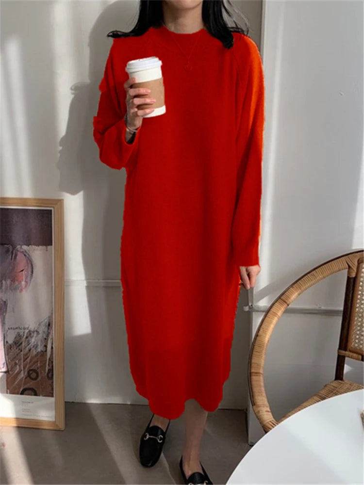 REALEFT Autumn Winter 2025 New O-Neck Casual Loose Knitted Dress Female Straight Long Sleeve Oversize Sweater Womens Long Dress