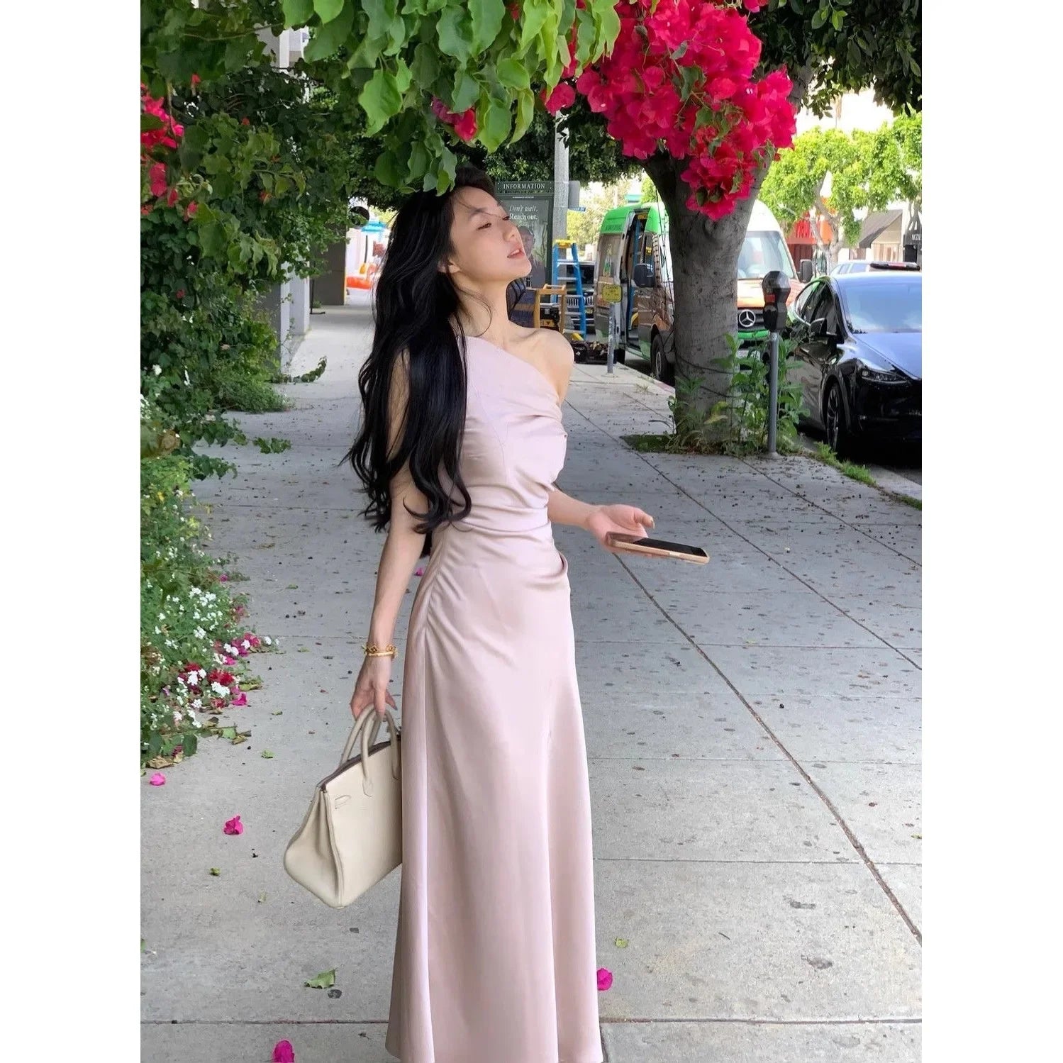 Elegant French Style Simple Large Dress Women's Lady Personality Oblique Shoulder Swing Collar Waist Inward Fish Tail Long Dress