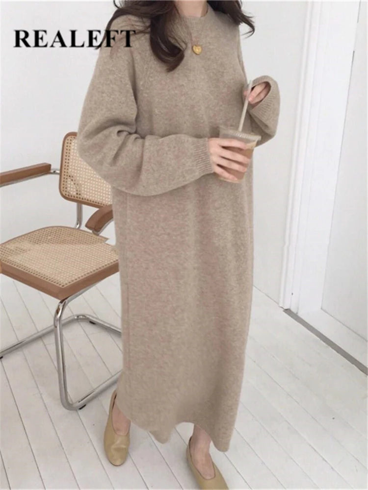 REALEFT Autumn Winter 2025 New O-Neck Casual Loose Knitted Dress Female Straight Long Sleeve Oversize Sweater Womens Long Dress
