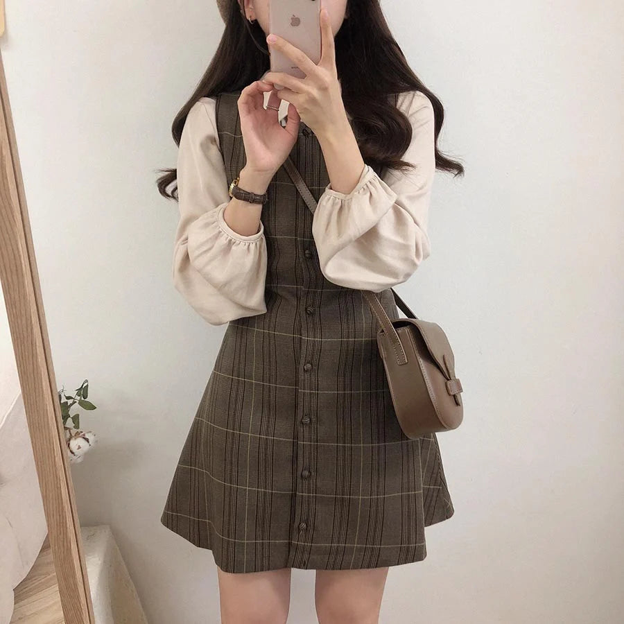 Preppy Sty Japan Girls Matching Outfits Date Lady Autumn Spring 2023 A Line Women Plaid Shirt Dress